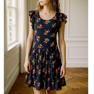 JILL STUART‎ Womens Floral Dress Size Large Navy Floral Cap Sleeve Short No belt